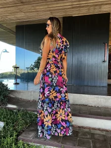 2023 New Ruffle Sleeveless Printed Skirt Ladies V Neck Elegant Long Dress Waist Slimming Temperament Robe - Image 4