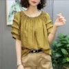 Women's Ruffled Solid Color Simple Casual Blouse Summer Fashion Round Neck Short Sleeve Shirt Loose Pullover Tops Blusas Mujer - Image 6