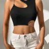 High Street Grunge Chain Cut Out Crop Top Women Summer Y2K Clothes Solid Black Asymmetrical Neck Sleeveless Tank Top Streetwear