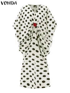 2023 VONDA Bohemian Ruffled Maxi Dress Women Long Sleeve Crochet Sundress Autumn V Neck Vintage Polka Dot Beach Party Dresses - Image 4