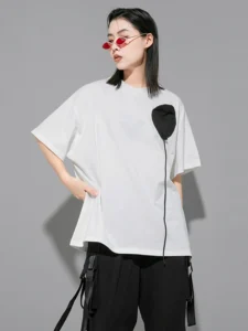 [EAM] Women White Pattern Brief Big Size Casual T-shirt New Round Neck Half Sleeve Fashion Tide Spring Autumn 2024 - Image 2