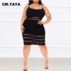 CM.YAYA Women Plus Size Mesh Patchwork Bodycon Dress Sexy Night Party Clubwear Spaghetti Strap Sleeveless Midi Pencil Dresses - Image 2