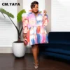 CM.YAYA Plus Size Women Houndstooth Tie Dye Camouflage Printed Puff Long Sleeve Button Shirt Smock Babydoll Big Swing Dress - Image 6