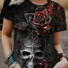 Rose Skull 3D Print O-Neck T-shirts Women/Men Short Sleeve Fashion Hip Hop Oversized Harajuku Y2K T Shirt Sexy Clothing