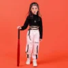 Costume girl Summer Chidren Hip Hop Clothing Cotton Black Long Sleeve Crop Tshirt White Polyester Pant 2 Pcs Streetwear Suit - Image 4