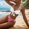 Women's Bikini Set Solid Color Hanging Neck Suspender Tops And High Waist Bow Knot Lace Up Sexy Bikini Trend Split Swimsuit - Image 4