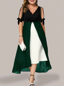 Plus Size Chiffon Panel Contrast Dress Woman Summer White and Black High Waist Maxi Long Dress Fake 2 Pieces Elegant Dresses - Image 5