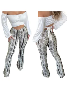 Frauen Boho Flare Pants Ethnic Tribal Print Bell Bottom Yoga Palazzo Hose - Image 5