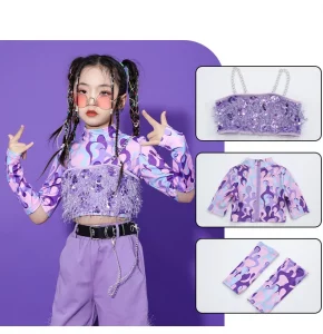 LOlanta Dance Costume for Kids Girl Top Pants Sequins Outfit Hip Hop Jazz Clothing Team Performance Set Purple 4-16 Years - Image 2