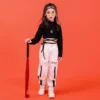 Costume girl Summer Chidren Hip Hop Clothing Cotton Black Long Sleeve Crop Tshirt White Polyester Pant 2 Pcs Streetwear Suit - Image 6