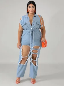 Womens Jeans Plus Size Streetwear One Piece Suit with Sash Denim Elegant Oversized Ripped Jumpsuit Wholesale Bulk Dropshipping - Image 6