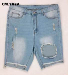 CM.YAYA Plus Size Women Ripped High Waist Knee Length Zipper Fly Jeans 2022 New Summer Sky Blue Denim Shorts - Image 5