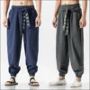 Men Hippie Harem Pants Baggy Linen Boho Yoga Casual Drop Crotch Trouser Men's Casual Jogger Pants with Elastic Waist - Image 2