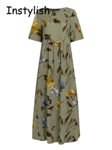 Vintage Boho Floral Print Maxi Dress Short Sleeve O Neck Cotton and Linen Loose Oversize Long Dress Summer Party Sundress Robe - Image 5