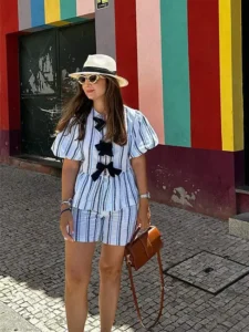 Summer Women Bow Lace Up Short Pants 2 Piece Sets Fashion Loose Striped Print Shirt Suit 2024 New Chic Lady Street Outfits - Image 3