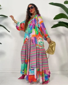 Autumn Loose Pleat Swing Boho Maxi Dresses Lady Vintage Pattern Print Beach Vestidos Women Sexy Deep V Neck Long Party Dress - Image 6