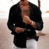 Cross-border 2024 new men's spring/summer cotton and linen lapel beach shirt long sleeve solid color holiday clothing - Image 5