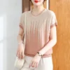 Korean Simple Loose O-neck Jacquard Ice Silk Short Sleeved T-shirt Women Contrasting Colors Diamond Screw Thread Summer Knit Top - Image 4