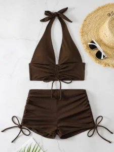 2024 Rib Drawstring Bikini Solid High Waist Swimsuit Women Halter Swimwear Female Bathers Bathing Swimming Swim Suit Beachwear - Image 2