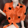 Fashion Lapel Loose Bandage Bow Polka Dot Shirt Women's Clothing 2023 Summer New Oversized Casual Tops Half Sleeve Korean Blouse - Image 3