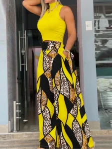 Sexy Sleeveless Print Crop Top And Pant Two Piece Sets Women 2023 Summer Casaul Wide Leg High Waist 2 Piece Sets Women Outfit - Image 6