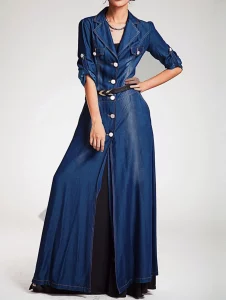 Women Denim Dress Spring Long Sleeve Single Breasted Slim Casual Elegant Vintage Lapel Collar Big Swing Shirt Maxi Dresses - Image 2