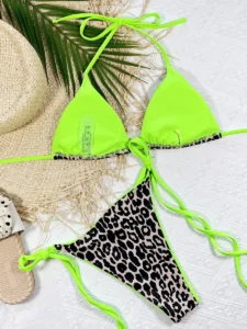 Women 2 Pieces Y2k Bikini Swimsuit Leopard Print Tie-Up Halter Neck Padded Bra Thong Bottom Beach Bathing Suit Set - Image 5