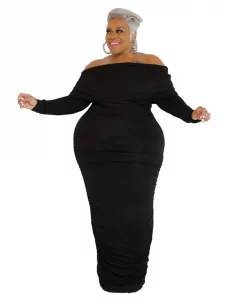 Wmstar Plus Size Dresses Women Solid Off Shoulder Long Sleeve Draped Bodycon Stretch Elegant Maxi Dress Wholesale Dropshipping - Image 4