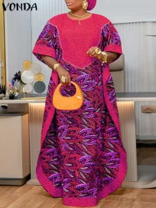 VONDA Plus Size 5XL Bohemian Women Printed Long Sundress Half Sleeve Casual Loose Maxi Dress Oversized Kaftan Holiday Vestidos - Image 2