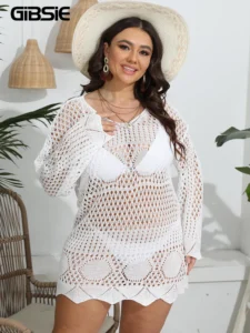 GIBSIE Plus Size 2023 Bikini Cover Up For Women Summer Sexy See Through Hollow Out Long Sleeve Holiday Knitted Beach Tunic Dress - Image 4