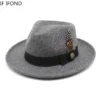 New Feather band Wool Felt Fedora Hat Men Curved Brim Panama Party Trilby Cowboy Cap Gentleman Wedding Jazz Hat - Image 6