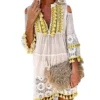 Sexy Women's Shift Dress Long Sleeve Tassel Fringe Lace Robe Strapless Deep V-Neck Female Summer Casual Boho Vacation Dresse Hot - Image 3