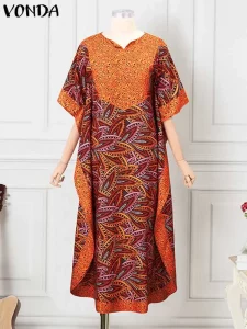 VONDA Plus Size 5XL Bohemian Women Printed Long Sundress Half Sleeve Casual Loose Maxi Dress Oversized Kaftan Holiday Vestidos - Image 4