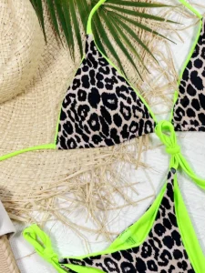 Women 2 Pieces Y2k Bikini Swimsuit Leopard Print Tie-Up Halter Neck Padded Bra Thong Bottom Beach Bathing Suit Set - Image 2