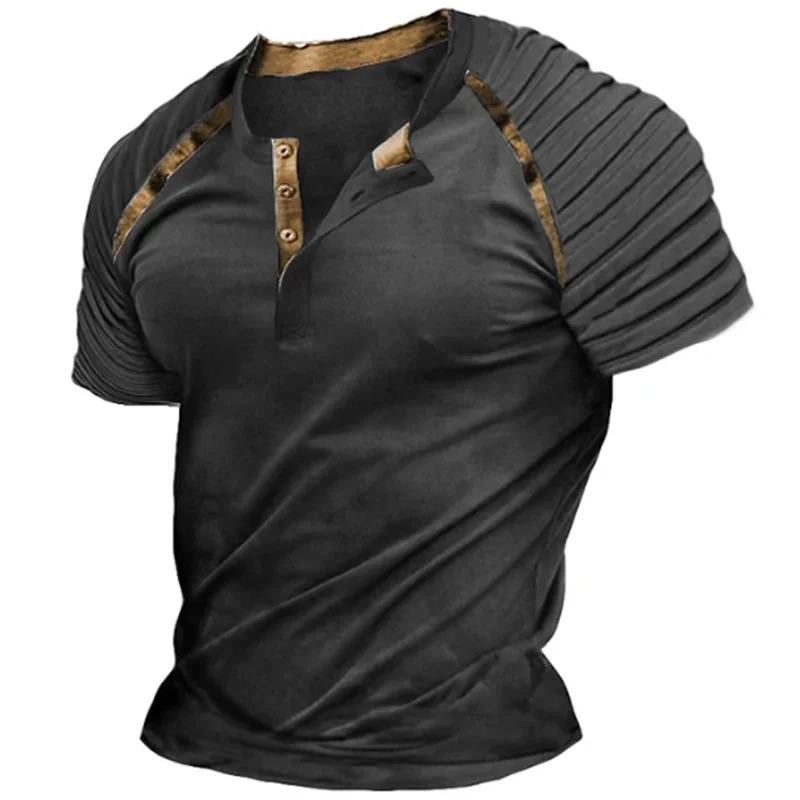 Vintage Button V-neck Navigation T Shirt Short Sleeve Gothic Henley Shirt For Men Oversized Tops Tee Shirt Men Punk Streetwear - Image 5