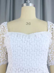 Women's Vintage White Lace Dress Chic Square Neck Puff Sleeve Summer Elegant Wedding Guest Cocktial Birthday Clothes XXXL - Image 5