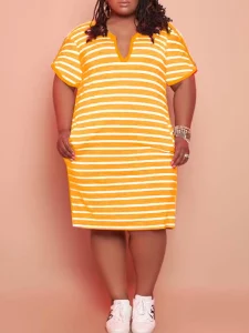 LW Plus Size dresses V Neck Striped Pocket Design Dress summer short sleeve midi dress vestido loose casual women clothing dress - Image 3