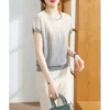 Korean Simple Loose O-neck Jacquard Ice Silk Short Sleeved T-shirt Women Contrasting Colors Diamond Screw Thread Summer Knit Top - Image 2