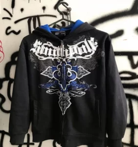 Retro Gothic black long-sleeved cross-print hoodie y2k American high street daily Harajuku sports loose zipper hoodie for men - Image 2