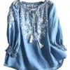 Vintage Chic Women Floral Embroidery Beach Bohemian Denim Cotton Blouse Shirt Long Sleeve V-neck Tassel Loose Boho Jeans Shirts