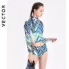 Long Sleeve Women Swimwear Bikini 2022 Printed Plaid Swimsuit Zipper Two Piece Surf Suit Patchwork Swimsuit Turtleneck Wetsuit - Image 3