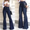 Women Jeans Solid Color High Waist Flare Pants Zipper Fly Flat Pockets Streetwear Slim Patchwork Button Slight Strech Belt - Image 2