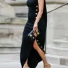 Freeacy Women Sleeveless Dress 2024 Summer New Buttoned High Neck Slim Fit Split-side Evening Dresses Solid Color Maxi Dress