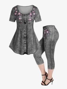 ROSEGAL Plus Size 3D Printed Tee And Capri Leggings Matching Set Size Is Too Large Butterfly Floral Pattern Women Outfits - Image 4