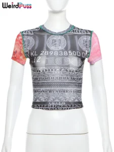 Weird Puss See Through Crop Tops Women Numeral Print Short Sleeve O-Neck Sexy Club Patchwork Streetwear Skinny Hot Girls Tees - Image 6