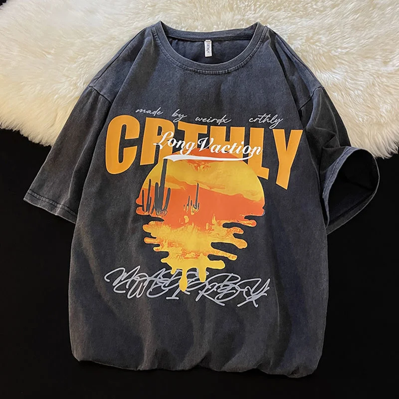 American short sleeved t-shirt men summer trendy brand loose large size washed old retro vintage half sleeves oversized t shirt - Image 2