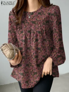 2024 ZANZEA Women Floral Printed Blouse Bohemian Holiday Tops Vintage Long Sleeve Work Shirt Casual Cotton Chemise Female Blusas - Image 2