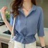 Summer Women All-match Solid Turn-down Collar Half Sleeve Chiffon Shirt Fashion Casual Shirring Single-breasted Blouses Female - Image 4