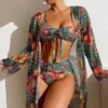 2024 Luxury Sexy High Waisted Bikini Three Pieces Floral Printed Swimsuit Women Bikini Set With Mesh Long-Sleeved Blouse Female - Image 2