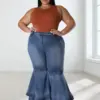 Plus Size Jeans Women Casual High Waist Flare Flared Pants Bottom Ruffled Hem Fashion Denim Streetwear Wholesale Dropshpping